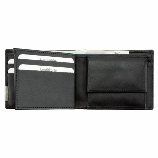 Wallet with metal emblem in landscape format